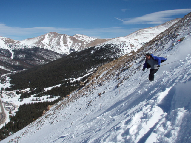 Karl Kelman turning on the 31 degree pitch of Over The Rainbow at Loveland Basin