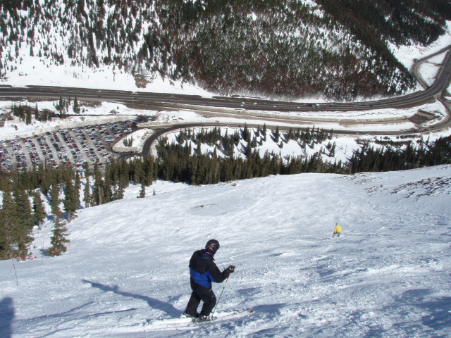 Geoff Anderson on Over The Rainbow, just below the steep section.  Over The Rainbow makes a great last run of the day, because you can see your car in the parking lot and ski to it.