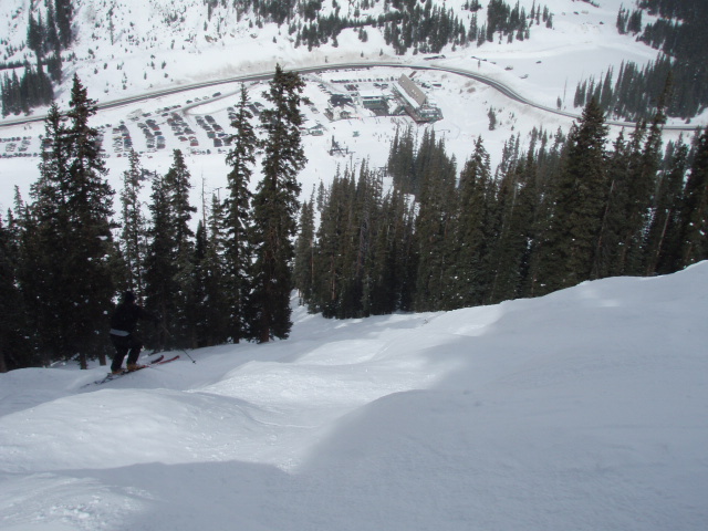 Karl skiing down Standard in the shade