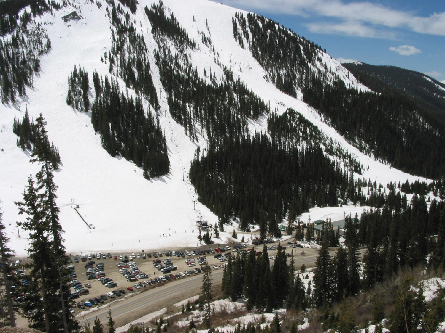 Looking down at the A-Basin Parking Lot and the Pallavicini Lift from the Loveland Pass Road.